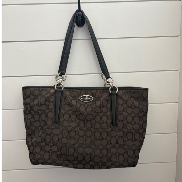 Coach Signature Jacquard Tote Bag Purse Handbag Black/Brown Logo - Picture 1 of 13